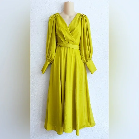 NEW Banana Republic Blouson-Sleeve Citron Green Celestial Maxi Dress 2 Petite - Picture 2 of 9